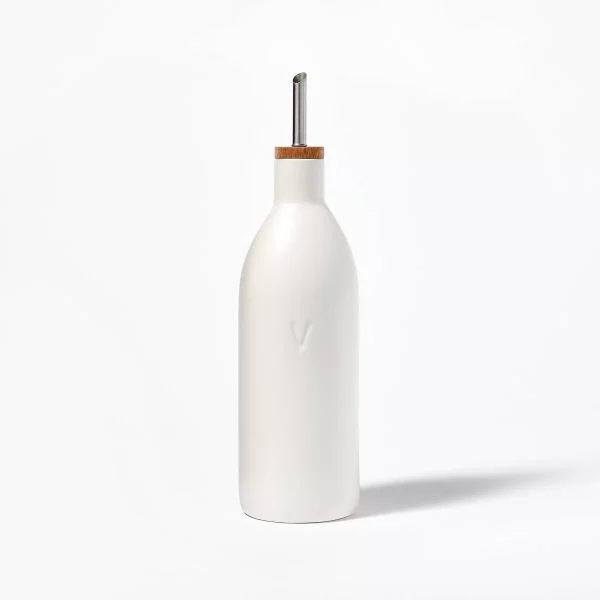 Ceramic Vinegar Pour Bottle Cream: Stoneware Oil Dispenser, Stainless Steel & Wood Lid, 18.7oz Capacity
