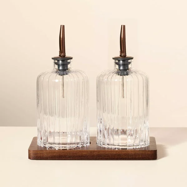 Oil & Vinegar Ribbed Glass Bottle Set with Wood Base